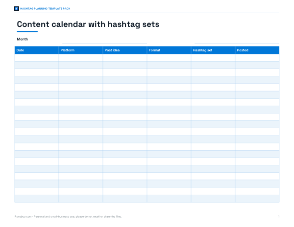 Preview of Printable Content Calendar with Hashtags